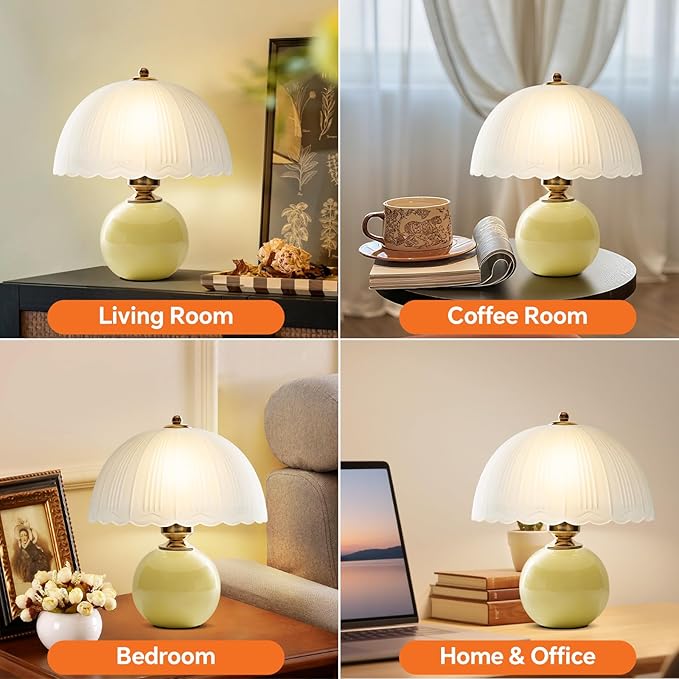 Ceramic Table lamp, Modern Bedside Lamps Mid Century Vintage Desk Lamp Retro Glass Mushroom Traditional Lamp for Nightstand Living Room Bedroom Home Decor (S05YE-1PACK)