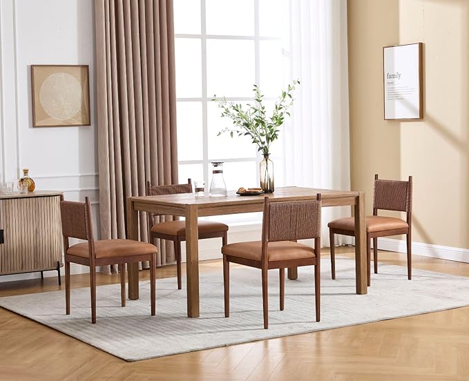 CIMOTA Brown Faux Leather Dining Chairs Set of 4, Mid Century Modern Upholstered Dining Room Chairs with Woven Back, Armless Kitchen Chairs with Walnut Solid Wood Legs, PU