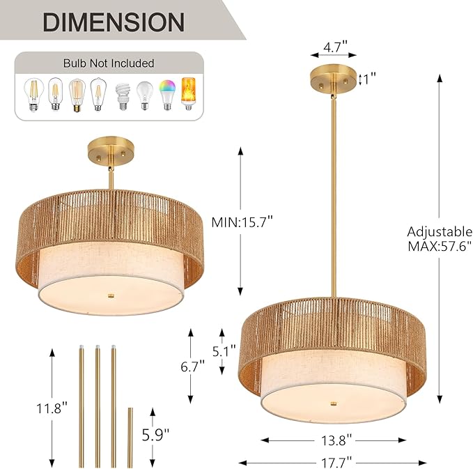 18" Drum Chandelier Dining Room Light Fixture with Rattan Shade,3-Light Modern Kitchen Table Light Fixture for Bedroom, Bathroom, Living Room