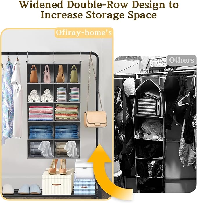 5 Tier Hanging Closet Organizer, 14 Compartments Sweater Organizer for Closet with 3 Sturdy Hooks, Closet Organizers and Storage, Wardrobe, Rv, Garment Rack, Grey