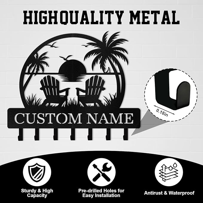 Personalized Key Holder for Wall, Beach Theme Key Holder Wall Mount with Hooks, Coconut Trees Key Hanger Wall Decor for Pool Bathroom Hallway Entryway Office, Customized Home Decor Gifts Color06