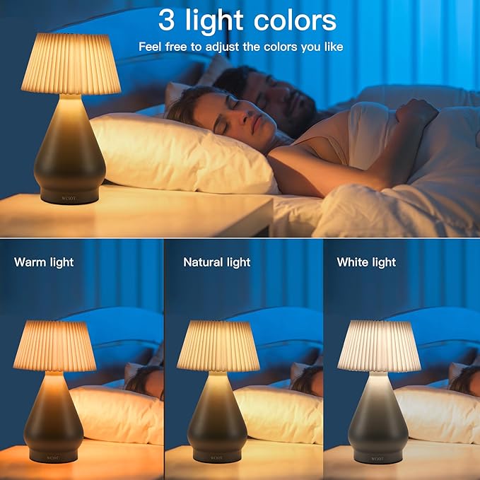 Wireless Charging LED Desk Lamp with Touch Control, 3 Color Options, Dimmable, Pleated Lampshade. Suitable for Dining Room, Bedroom, Office, Outdoor Camping