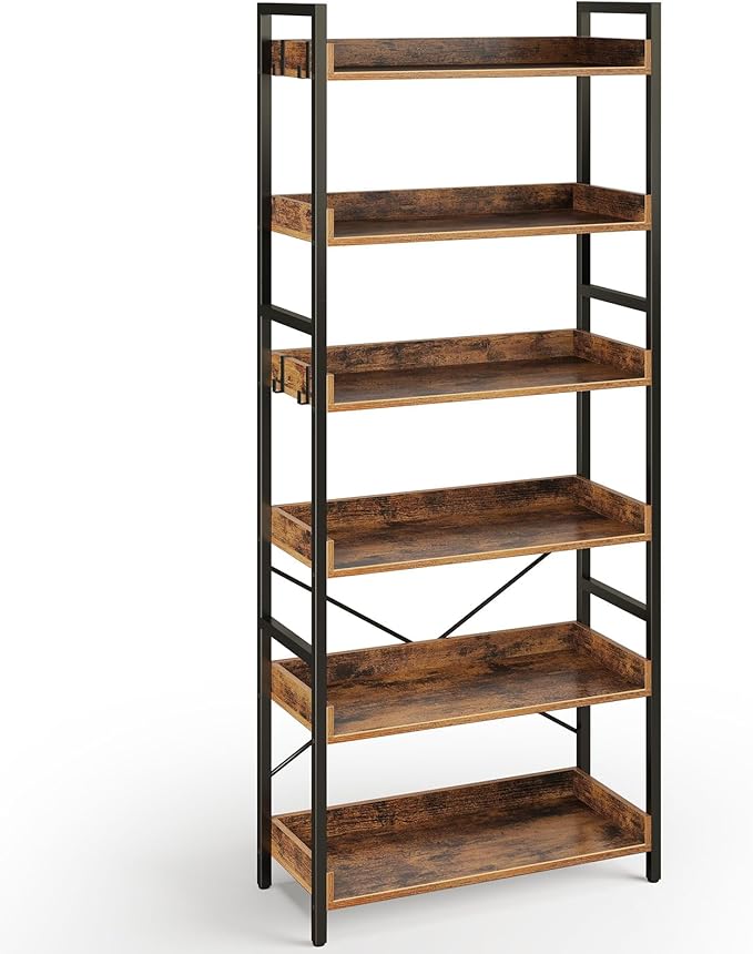 Rolanstar Bookshelf 6 Tier with 4 Hooks, Industrial Wood Bookcase, Vintage Storage Rack with Open Shelves, Rustic Standing Bookshelves Metal Frame Display Rack for Living Room, Bedroom, Rustic Brown