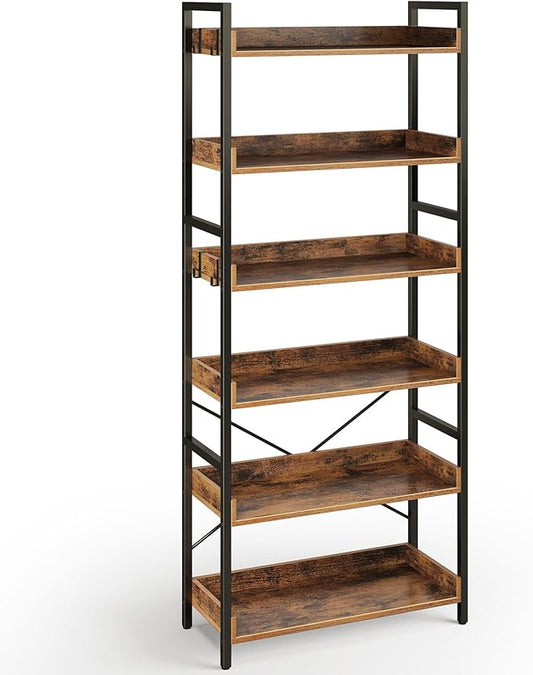 Rolanstar Bookshelf 6 Tier with 4 Hooks, Industrial Wood Bookcase, Vintage Storage Rack with Open Shelves, Rustic Standing Bookshelves Metal Frame Display Rack for Living Room, Bedroom, Rustic Brown