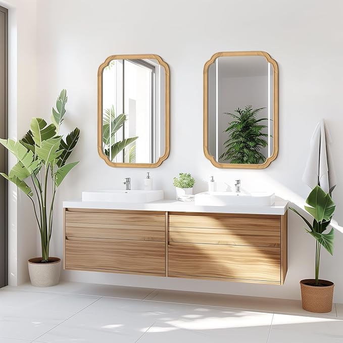 HOMECOOKIN Wood Bathroom Mirrors for Wall Mounted, 20" x 30" Rustic Wood Frame Wall Mirrors Decorative for Living Room or Bedroom Vanity Mirror (Natural) A