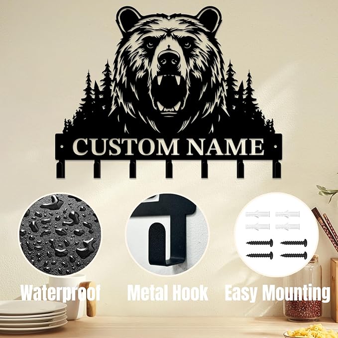 Personalized Custom Name Bear Key Wall Hooks,Metal Bear Keys Clothes Hooks,Metal Bear Wall Home Storage Decorative,For Front Door, Hallway, Kitchen, Bedroom,Keys,Hats (Style O)