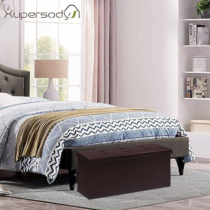 30 Inches Folding Storage Ottoman Bench, Faux Leather Footstool Ottoman, Storage Trunk Footrest for Bedroom, Living Room and Hallway, Support 350lbs, Brown(Brown line)