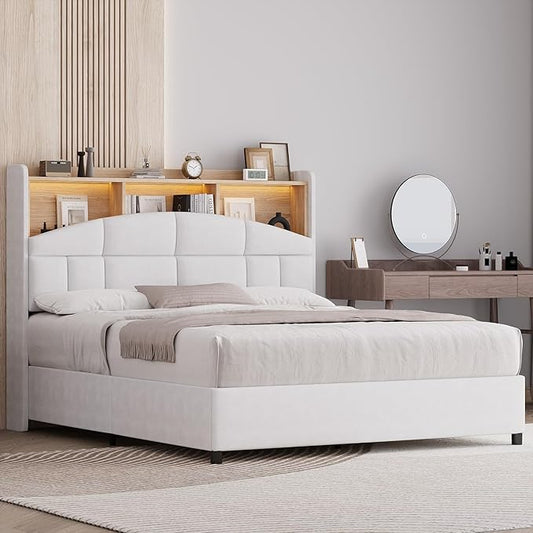 Queen Bed Frame with Headboard, Velvet Upholstered Bed Frame with LED Lights, Queen Platform Bed with Wooden Slats Support, No Box Spring Needed, No Noise, Beige