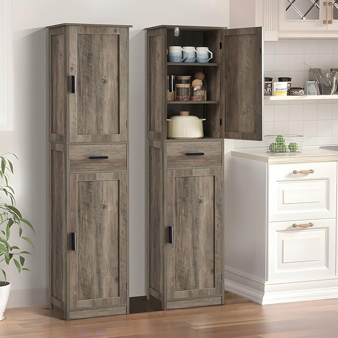 usikey 67'' Tall Storage Cabinet, Narrow Bathroom Floor Storage Cabinet with 4 Shelves & 2 Doors, for Bathroom, Living Room, Rustic Gray