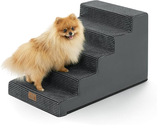 Slope Dog Stairs 17.7" H, Pet Steps for Couch Bed with Washable Cover, Non-Slip Foam Dog Ramp for Small Old Puppy Cats, 5 Step, Charcoal Grey