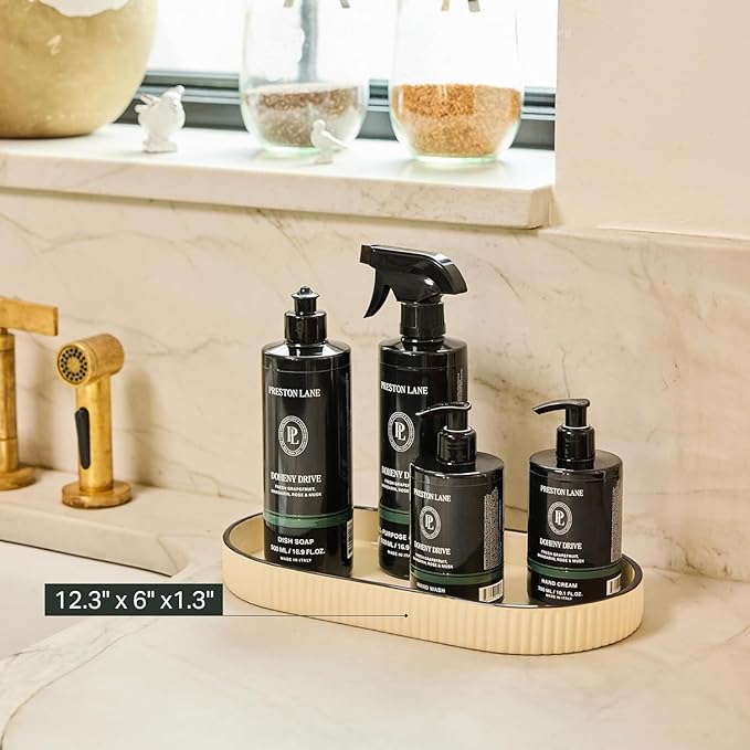 Preston Lane Signature Kitchen Ceramic Tray – Handmade in Portugal with Fluted Edges & Hand-Painted Trim – Decorative Organizer or Home Accent, Large, Alabaster