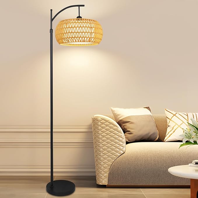 Arc Floor Lamps for Living Room Rattan Boho Floor Lamp with Remote Control,Dimmable LED Floor Lamps Black Standing Lamp with 3 Color Temperature Tall Floor Lamp for Bedroom Corner