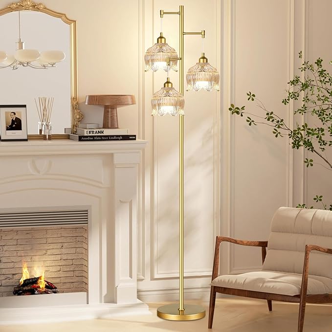 Gold Floor Lamps for Living Room Bedroom-3 Light Glass Floor Lamp with Three Led Bulb,Mid Century Standing Lamp Vintage Brass Tall Lamp Tree Floor Lamp for Bedroom Corner