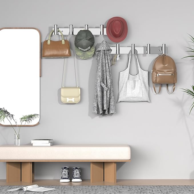VAEHOLD Hat and Coat Wall Mount Rack - Hooks for Robes, Bags, Keys, and Towels - Bathroom Towel Hanger Organizer (Polished Chrome, “T“ Shape 5 Hooks 2 Pack)
