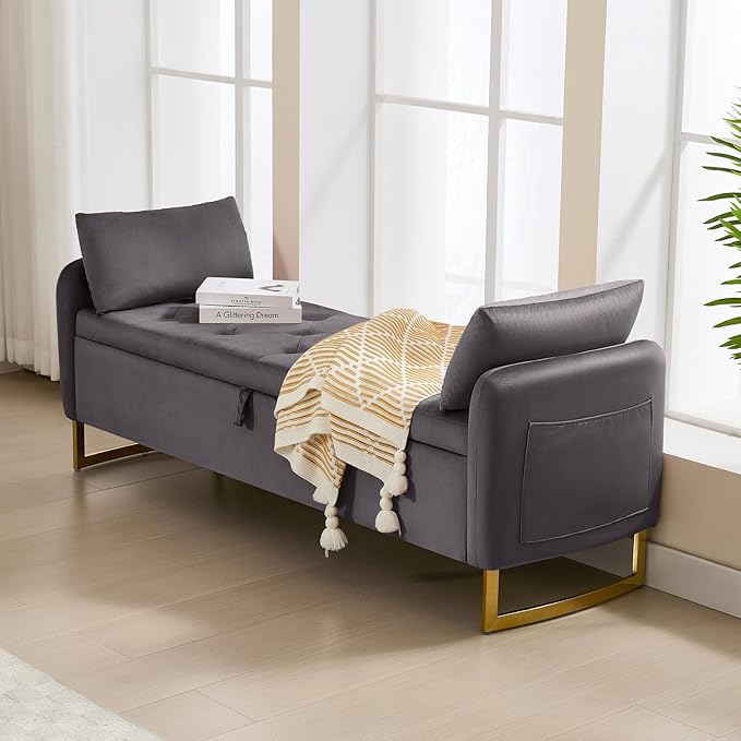 65" Storage Ottoman Bench, End of Bed Storage Bench King Size with Tufted Button Upholstered and Gold Legs, Bedroom Benches with Armrests for Living Room Window and Entryway, Dark Grey