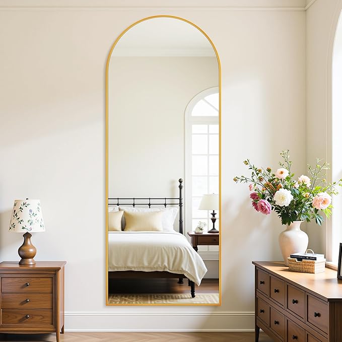 Full Length Mirror, 58"x18" Oversized Floor Mirror Freestanding, Full Body Mirror Floor Standing Mirrors with Stand, Hanging Mounted Mirrors for Bedroom Living Room, Gold, Arched Style