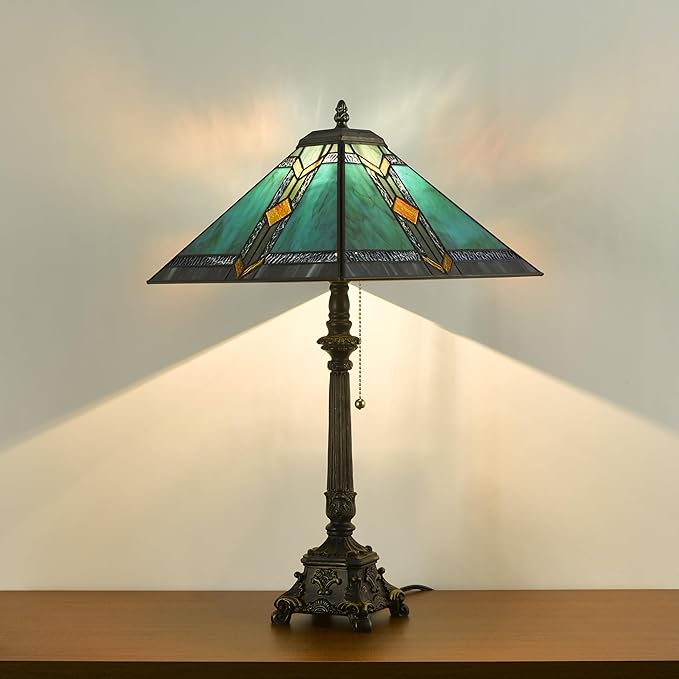 Tiffany Table Lamps Blue Stained Glass Striped Checkered Style Mission Desk Lamp 12X12X24 Inch Bronze Resin Base