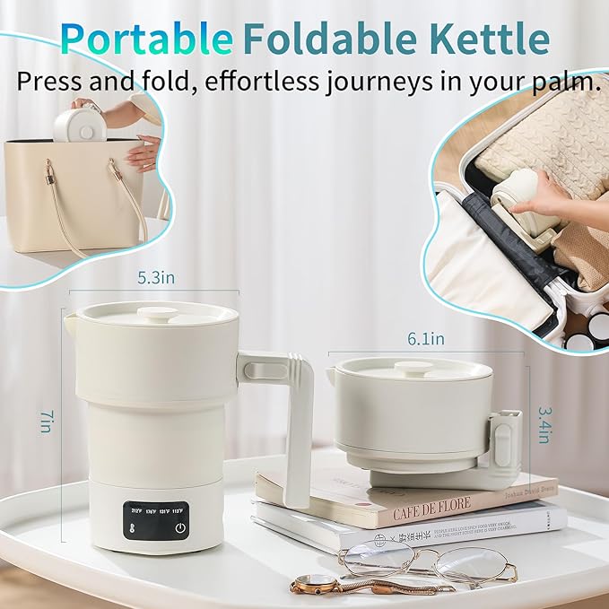 Travel Electric Kettle-Collapsible Portable Electric Kettle, 600W Foldable Small Water Boiler with 4-Temp Presets, Food Grade Silicone for Hotel, Office, Camping (Beige, 600mL)
