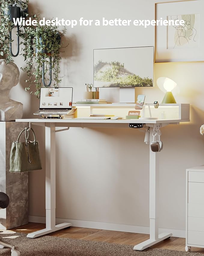 Electric Height Adjustable Standing Desk with Power Outlet and LED Light Strip, Sit to Stand, Ergonomic 48x24" Rising Desk with Memory Presets, Home Office Workstation, Computer Gaming Table, White