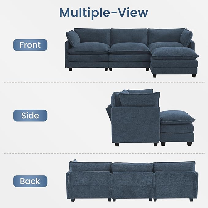 ROWHY Oversized Modular Sectional Couch with Movable Ottoman, 112" Modern Convertible L Shaped Sofa Set, 4 Seat Comfy Cloud Couch with 2 Throw Pillows, for Living Room, Chenille, Royal Blue
