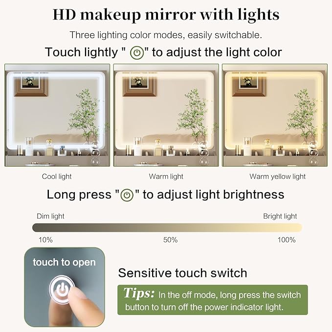 Large Vanity Desk with 3 Color Touch Screen Dimming Mirror, Vanity Desk with Charging Station, Modern Retractable Makeup Dressing Table, Makeup Table with Storage Shelves and 5 Sliding Drawers