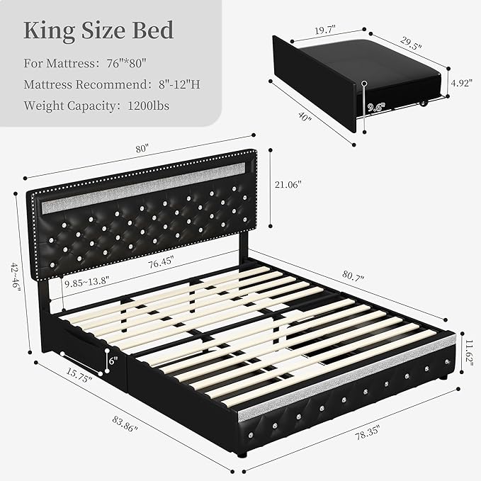 King Led Bed Frame with 2 Drawers, Heavy Duty King Size Platform Bed with Storage, Upholstered Bed Frames with Adjustable Headboard, Solid Support, No Box Spring Needed, Easy Assembly, PU Black
