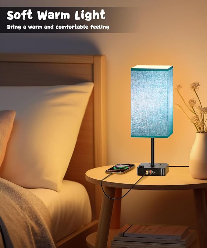 Bluetooth/WiFi RGB & USB Bedside Table Lamp with 3 USB Charging Ports 2 Outlets Power Strip, LED Light Bulb Dimmable, Music Sync Color Changing Light (RGB - Green Shade)