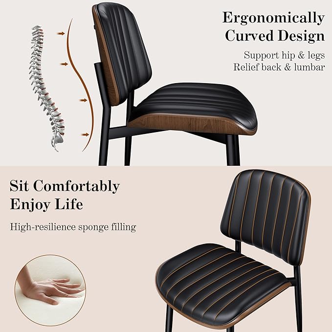 Dining Chairs Set of 8, Mid-Century Modern Upholstered PU Leather Chairs with Walnut Bentwood Back and Metal Legs Adjustable Feet for Kitchen Dining Living Room, Dark Black Vertical Stripes