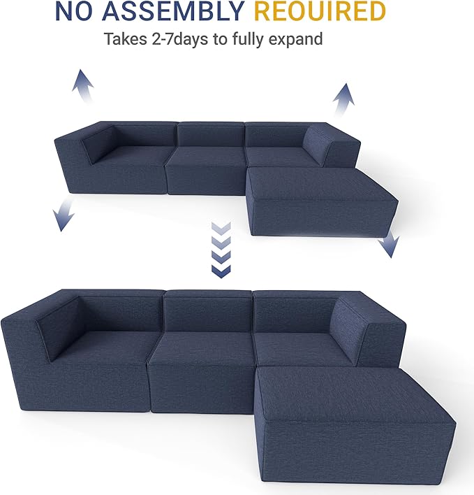 106" Sectional Compressed Sofa Modular Couches L-Shape with Chaise,High-Density Foam No Assembly Required,4-Piece(2xCorner 1xArmless 1xOttoman) for Living Room Chenille Blue