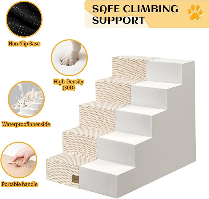 Dog Stairs for Small Dogs, 5 Tier Widened Pet Stairs for High Beds, 23.6" H Non-Slip Dog Steps for Puppy, Elderly, or Disabled Dogs, 17.7x30x23.6 inch, Beige