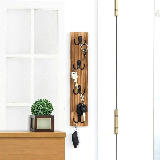 Vertical Key Holder for Wall - Mounted Wooden Key Rack Organizer with Hooks for Home Entryway, Laundry Room & Garage - Perfect Space-Saving Storage Solution for Keys, Wallets & Pet Leashes