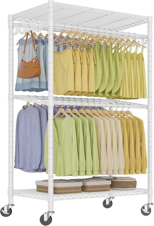 VIPEK R2 Pro Rolling Garment Rack Heavy Duty Clothes Rack with Locking Wheels Adjustable Shelves 2-Sided Hanging Rods Metal Closet Freestanding Clothing Racks, Max load 600lbs, White