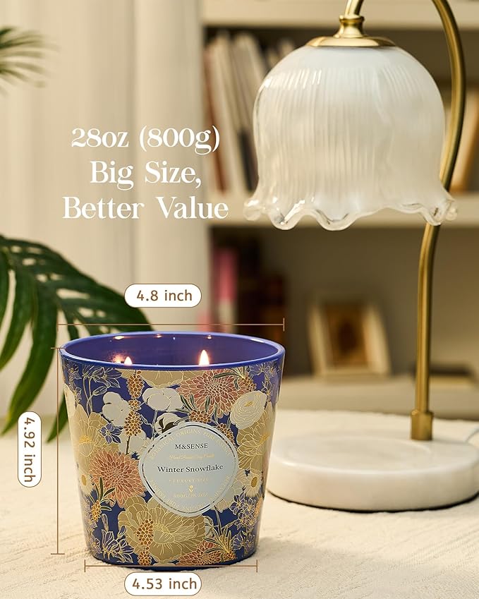 M&SENSE Winter Snow Flake Scented Candle, 28.2oz 3 Wick Natural Soy Wax Large Candles, Long Lasting Clean Slow Burning No Toxic Décor for Home Relaxation, Romantic Dates & Gift-Giving