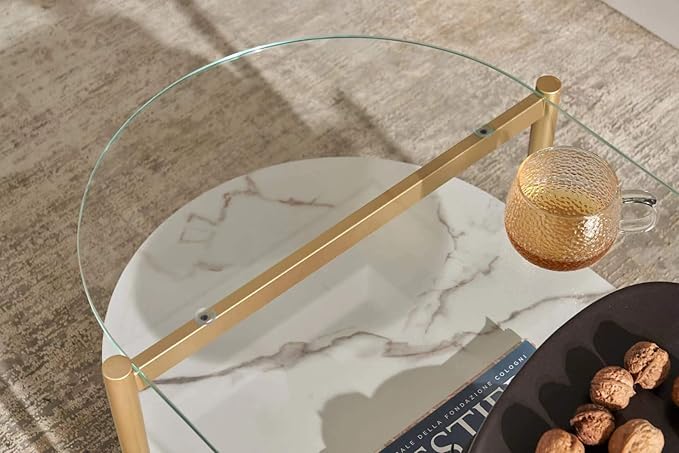 Shrine Oval Coffee Table, Mid-Century Modern Design, 2-Tier Structure, Clear Glass Top and White MDF Shelf, 47" D x 21" W x 17" H, Sleek Conical Metal Legs with Gold Finish