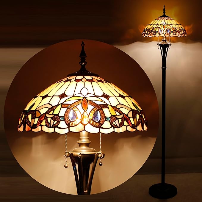 Tiffany Floor Lamp Serenity Victorian Stained Glass Standing Reading Light 16X16X70 Inches Antique Pole Corner Lamp Decor Bedroom Office Living Room