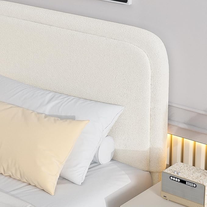 BarnFurin Boucle Upholstered Bed Frame King Size/Cloud Bed Frame/Soft Rounded Corners Headboard/Low Profile/No Box Spring Needed/Cream