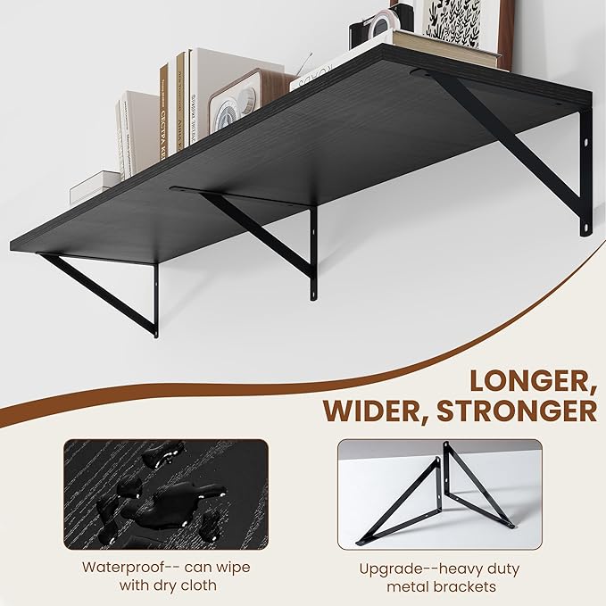 Heimlove Black Deep Floating Shelves for Wall, 48W x 12D Wood Wall Shelves Set of 2, Wide Floating Bookshelf for Living Room, Kitchen, Office, Bedroom and Decor Storage, with Metal Bracket - Black