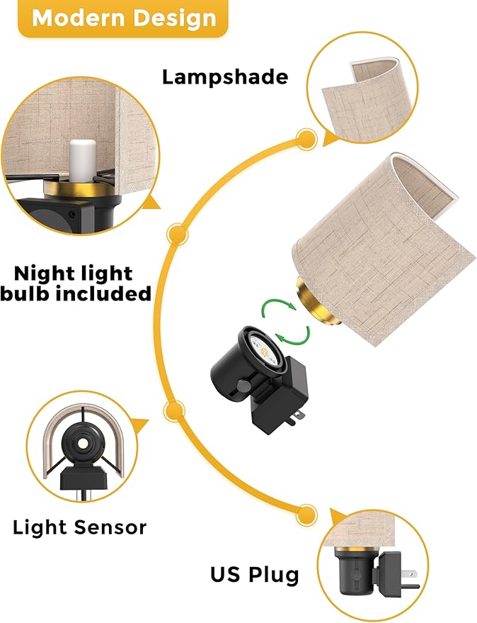 L LOHAS LED Amber Night Lights Plug into Wall, Plug in Night Light Dimmable, Farmhouse Decorative Nightlights Plug in Wall, Light Sensor, Linen Fabric Yellow Nightlight for Bedroom Hallway, 1 Pack
