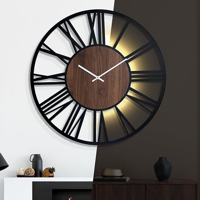 32 Inch Large Metal Wall Clock with Voice and Light Sensor Night Light, Glow in The Dark Non-Ticking Silent Battery Operated Decorative Oversized Wall Clock for Bedroom Living Room Decor