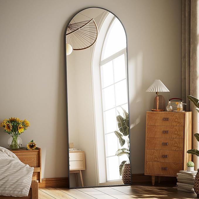 Full Body Mirror 26x71 inch Arched Full Length Mirror with Stand Aluminum Wall Mounted Hanging or Leaning Standing Mirrors, Black