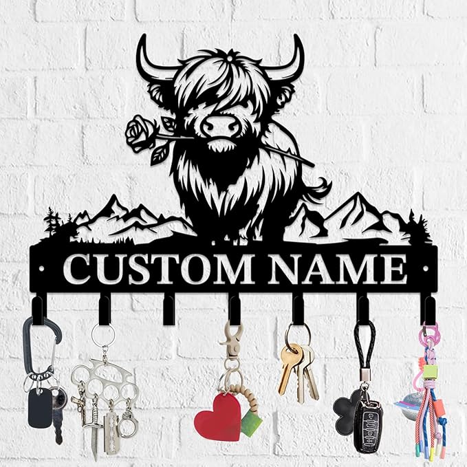 Personalized Highland Cow Metal Keys Hooks,Custom Name Metal Highland Cow Keys Hooks,Black Metal Highland Cow Wall Home Storage Decorative Keys Hooks,Key Holder Hooks for Wall (Style D)