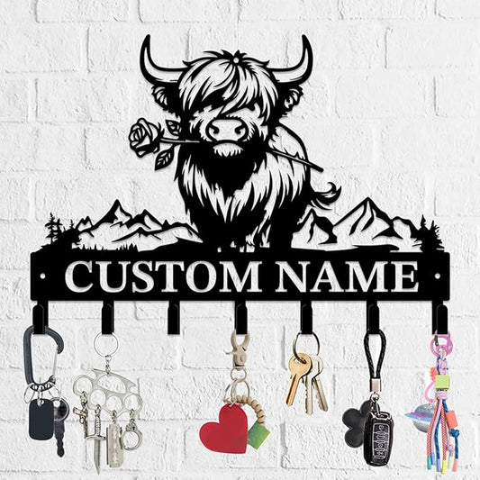 Personalized Highland Cow Metal Keys Hooks,Custom Name Metal Highland Cow Keys Hooks,Black Metal Highland Cow Wall Home Storage Decorative Keys Hooks,Key Holder Hooks for Wall (Style D)