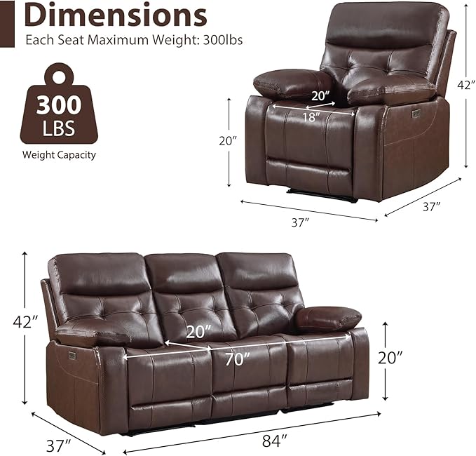 CANMOV Genuine Leather Power Recliner Sofa Set,Power Recliner Chair and Sofa Set, 2 Pieces Leather Couch with Storage Console, USB Ports, Cup Holders for Living Room,Dark Brown