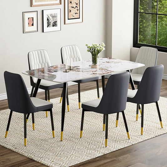 6 Person Dining Table Set, Sintered Stone Dining Table Set for 6, Kitchen Table Chairs Set of 6, Easy to Assemble