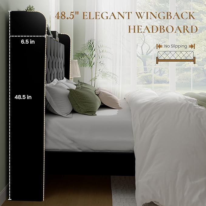 SHA CERLIN Full Size Platform Bed Frame with Charging Station, Velvet Wingback Headboard with Storage Shelf, Wooden Slats Support, Ample Under-Bed Space, No Box Spring Needed, Easy Assembly, Black