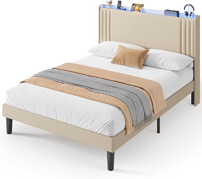 Gizoon Queen Bed Frame with Charging Station and LED Lights,Upholstered Wingback Platform Bed with Wooden Slats,Noise-Free,No Box Spring Needed