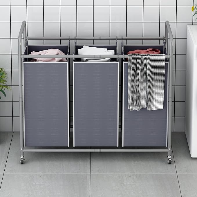 LINZINAR 3-Bag Laundry Sorter,Laundry Hamper Cart with Heavy Duty Rolling Lockable Wheels and Removable Bags (Grey)