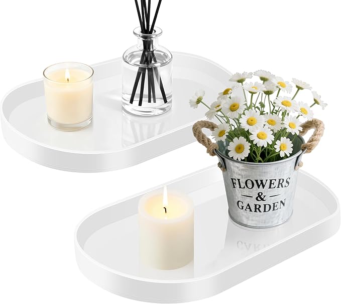 Acrylic Vanity Serving Tray–14"x8.5" Decorative Capsule Shape Tray for Bathroom, Dresser, Coffee Table – Sleek Minimalist Lucite Tray for Perfume, Jewelry, Makeup Organizer (2Pack, Glossy White)