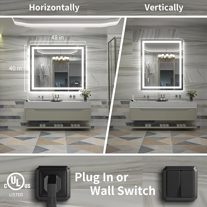 LED Mirror for Bathroom, 48x40 Inch Backlit + Front Lighted Bathroom Vanity Mirror with Lights for Wall, Double Light Strips, 3 Colors, Shatter-Proof, Anti-Fog and Brightness Memory