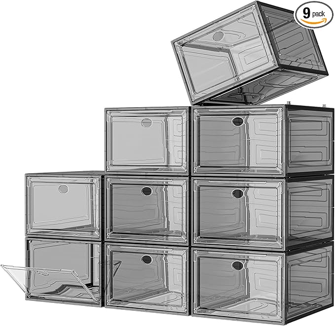 7 code Large Clear Shoe Boxes Organizer【Thicker Material】 Stronger Shoe Box with Magnetic Door, Stackable Shoe Storage Box for Closet, Foldable Space-Saving Storage Bins Shoe Cabinet, Black 9-Pack